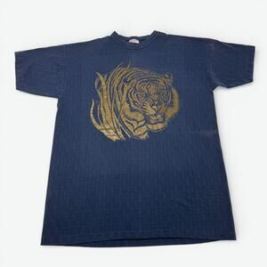 Vintage Decor Sport Shirt Mens XL Blue Textured Gold Tiger Graphic Tee 90s